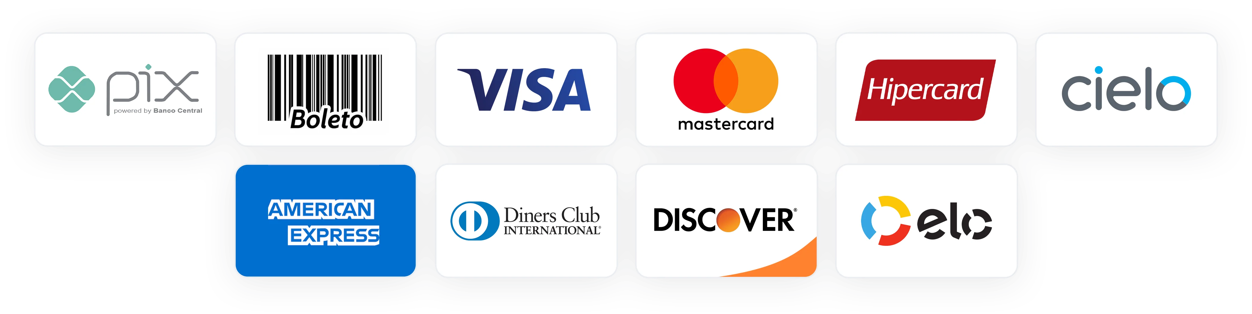 Formas de pagamento: Pix, Boleto, Visa, Mastercard, Hipercard, Cielo, American Express, Diners Club, Discover, Elo